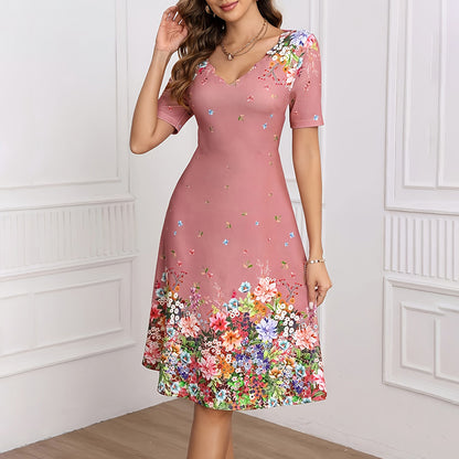 Women's Summer Short Sleeve Casual Dresses Sweet Cute V-Neck Floral Sundresses - My Store