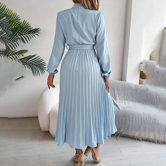 Elegant High Neck Long Sleeve Pleated Maxi Dress - Solid Color Flowy Dress For Women, Casual To Formal Wear - My Store