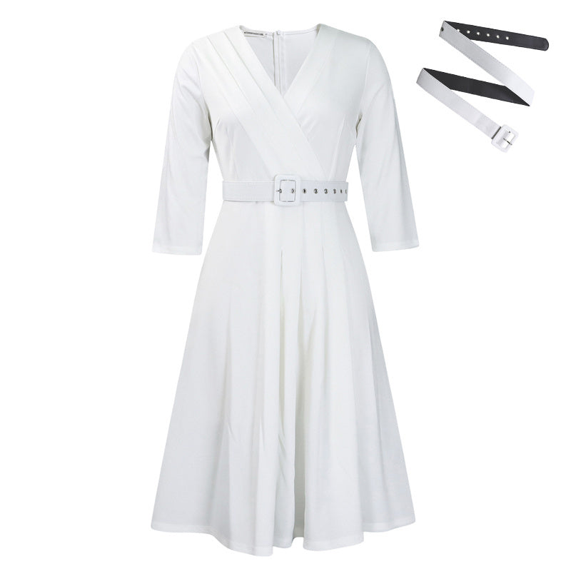 Women's Elegant V-Neck Cross-Wrap A-Line Dress With Belt & Ruffled Hem - Office & Casual Solid Dress For Spring&Summer - My Store