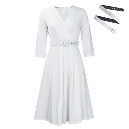 Women's Elegant V-Neck Cross-Wrap A-Line Dress With Belt & Ruffled Hem - Office & Casual Solid Dress For Spring&Summer - My Store