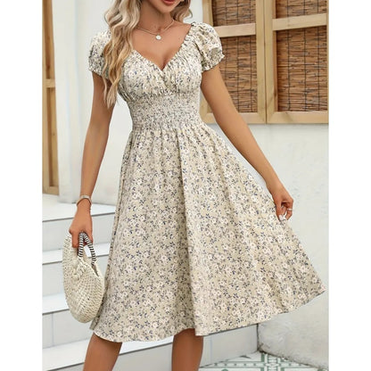 Women's Floral Summer Dress Casual Short Sleeve Ruffle Flowy Midi Sundress Boho Beach Vacation Dress - My Store