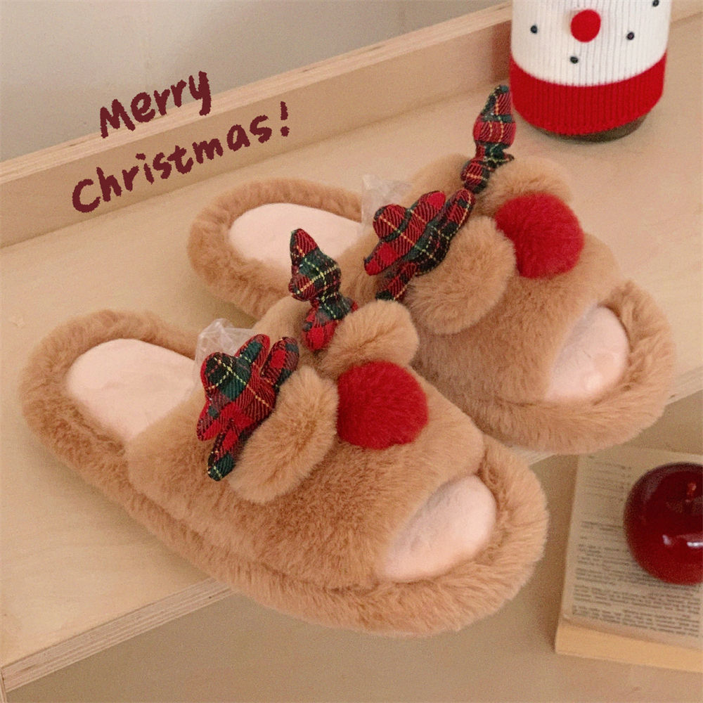Indoor Cute One-word Cotton Slippers Autumn Women's Cartoon Fluffy Slippers - My Store