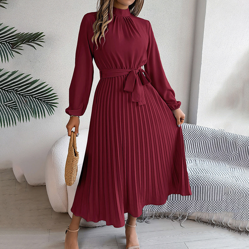 Elegant High Neck Long Sleeve Pleated Maxi Dress - Solid Color Flowy Dress For Women, Casual To Formal Wear - My Store