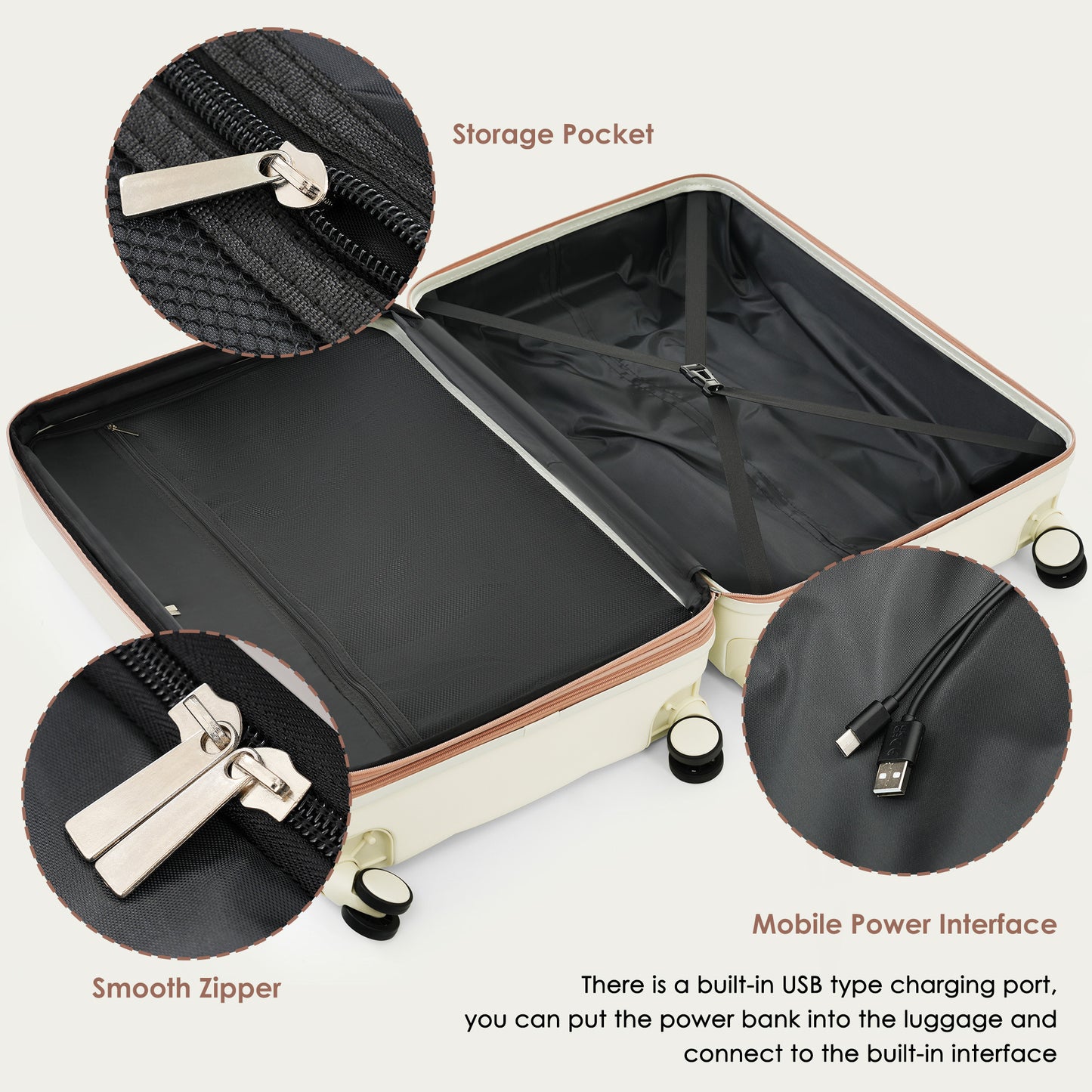4-piece Suitcase Set With USB Port, Expandable ABS Durable Suitcase With Travel Bag, Cup Holder, With Spinner Wheels, Beige - My Store