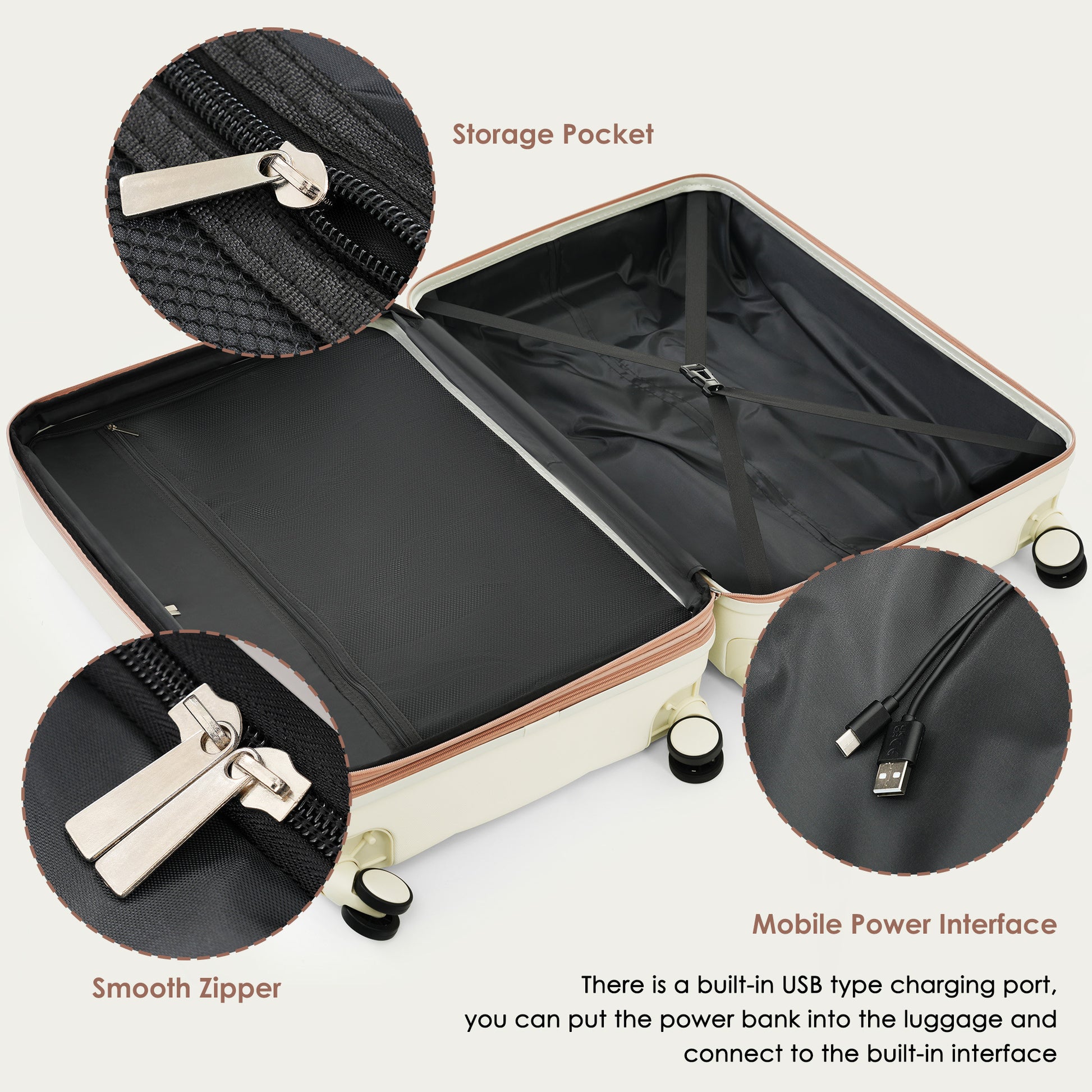 4-piece Suitcase Set With USB Port, Expandable ABS Durable Suitcase With Travel Bag, Cup Holder, With Spinner Wheels, Beige - My Store