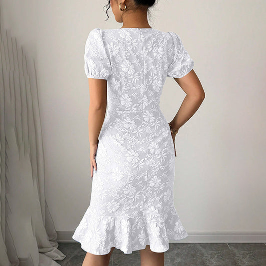 Women's Floral Jacquard Dress Women's Short Puff Sleeve Crew Neck Ruffle Hem Bodycon Dresses - My Store