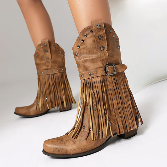 Autumn And Winter Tassel Women's Western Rivet Belt Buckle Tassel Middle Boots - My Store