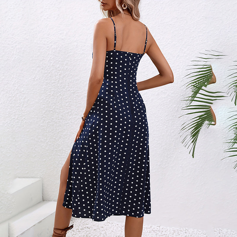 Women's Summer Casual Boho Sundress Polka Dot Sleeveless Spaghetti Strap Backless Side Slit Dresses - My Store