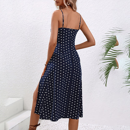 Women's Summer Casual Boho Sundress Polka Dot Sleeveless Spaghetti Strap Backless Side Slit Dresses - My Store