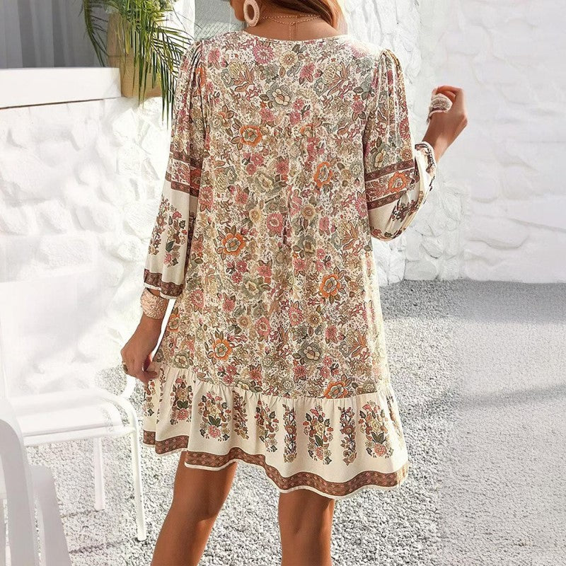 Women's Elegant V-Neck Fringe Bow Floral Print Dress Long Sleeve Comfortable Spring&Summer Dress - My Store