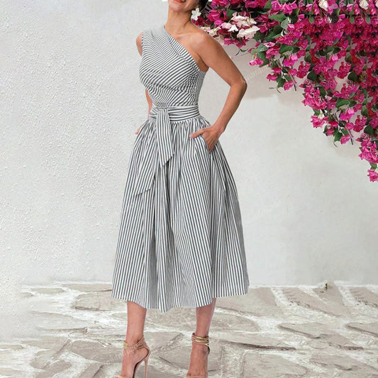 Women's Summer One Shoulder Striped Midi Dress Elegant Tie Waist Bodycon Dresses With Pockets - My Store