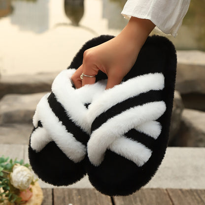 Fluffy Slippers Cross Strap Stitching Warm Casual Platform Slippers - My Store