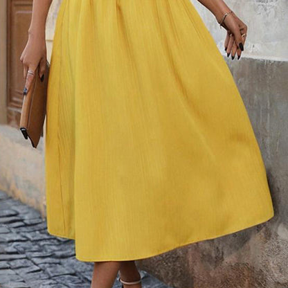 Women's Solid Color Sleeveless V-Neck Dress - High Waist Ruffled Hem Boho Flowy Summer Dress With Shoulder Frills, Casual & Party Dress - My Store