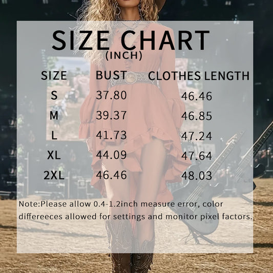 Womens Sexy Deep V Neck Western Cowgirl Dress Casual Long Sleeve Ruffle Irregular Hem Vintage Country Concert Dresses , No Belt Included - My Store