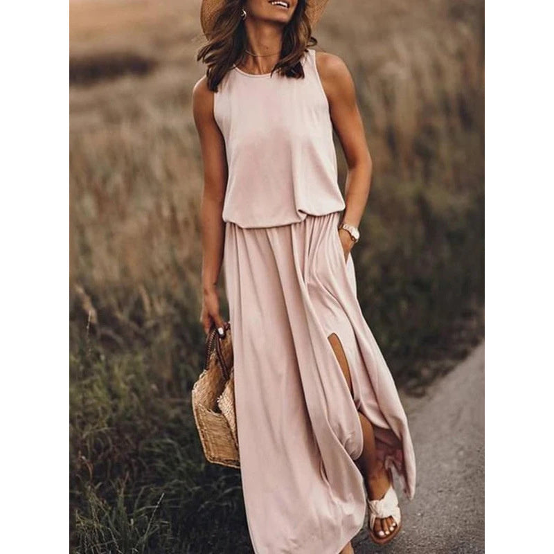 Women's Maxi Dress Summer Sleeveless Crewneck Sundress Casual Loose Long Dresses With Pockets - My Store