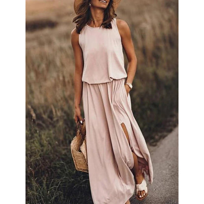 Women's Maxi Dress Summer Sleeveless Crewneck Sundress Casual Loose Long Dresses With Pockets - My Store