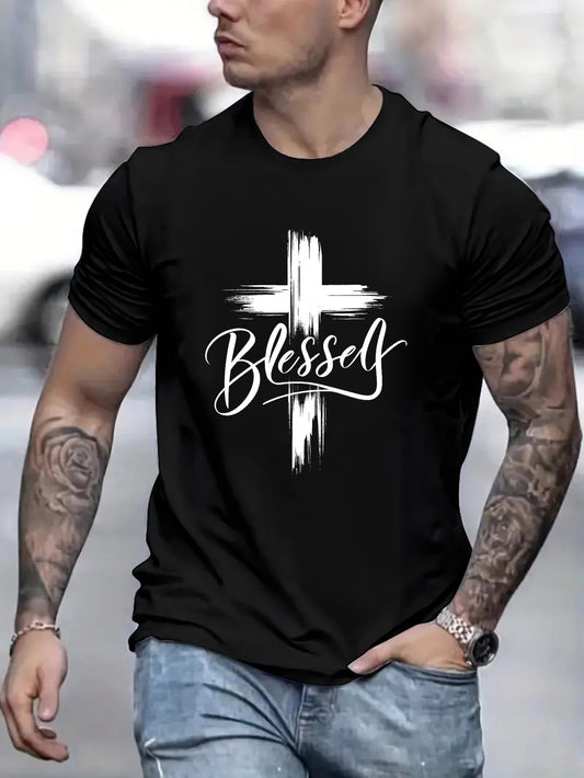 Blessed Print T-shirt, Men's T-shirt, Summer Casual Short Sleeved T-shirt - My Store