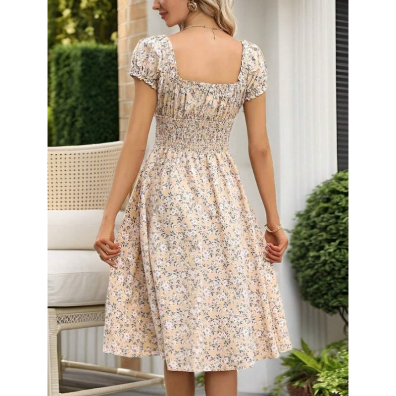 Women's Floral Summer Dress Casual Short Sleeve Ruffle Flowy Midi Sundress Boho Beach Vacation Dress - My Store