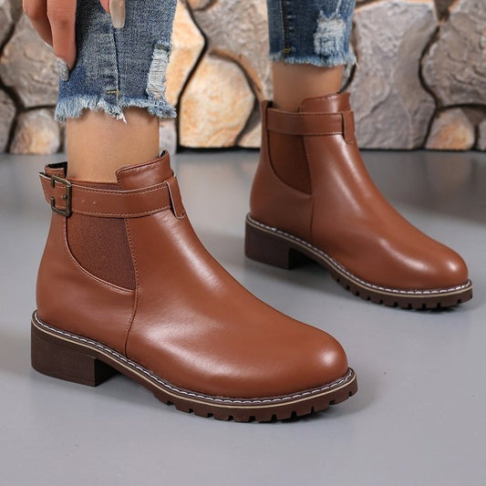 Belt Buckle Decoration Round Head Ankle Boots - My Store