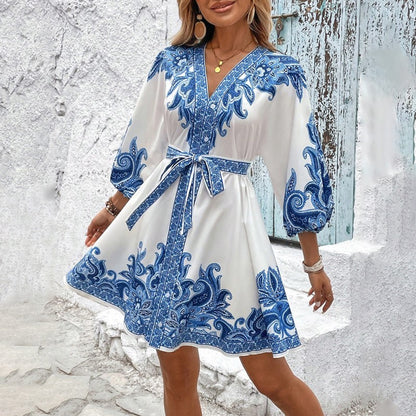 Women's Elegant V-Neck Floral Print Dress - Lantern Sleeve Wrap Waist Belted Midi Dress For Spring&Summer Vacation - My Store