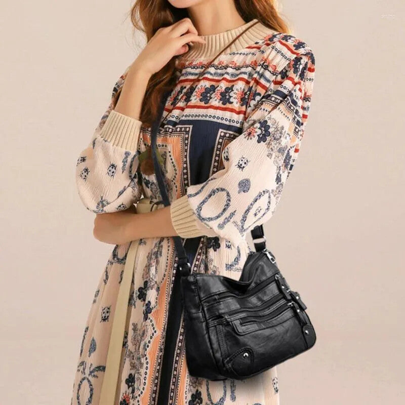 Women Shoulder Bag Large Capacity Washed Leather Messenger Bags Multi Zipper - My Store