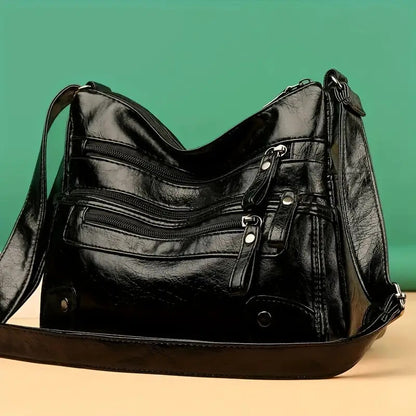 Women Shoulder Bag Large Capacity Washed Leather Messenger Bags Multi Zipper - My Store