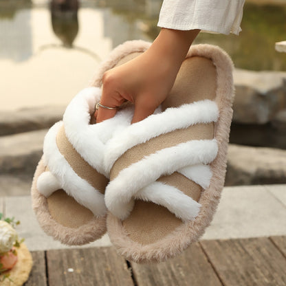 Fluffy Slippers Cross Strap Stitching Warm Casual Platform Slippers - My Store