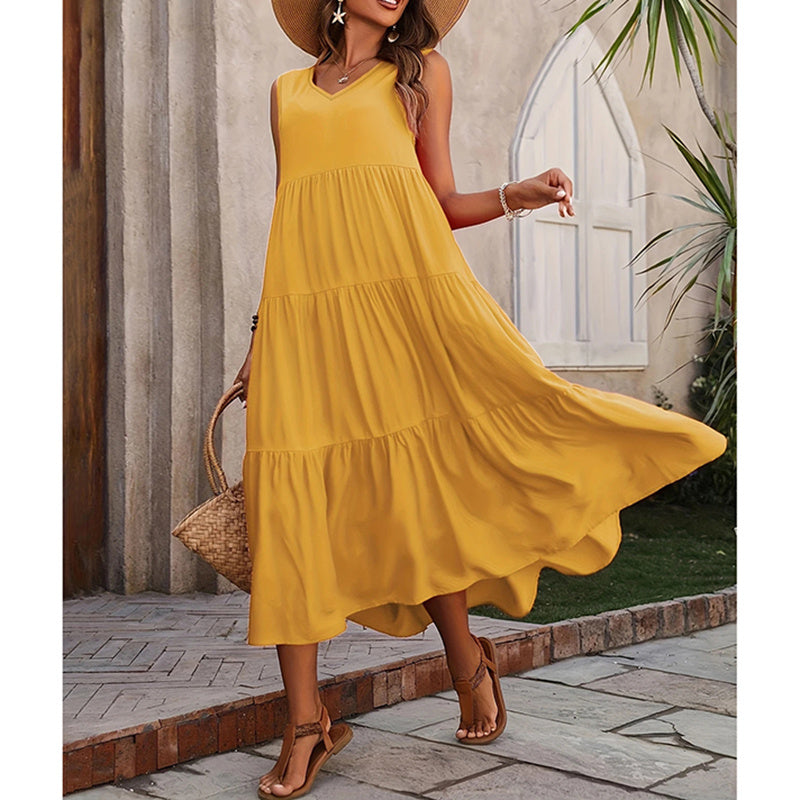 Women's Summer Casual Sleeveless V Neck Swing Dress Flowy Tiered Maxi Beach Dress - My Store