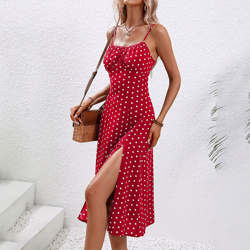 Women's Summer Casual Boho Sundress Polka Dot Sleeveless Spaghetti Strap Backless Side Slit Dresses - My Store