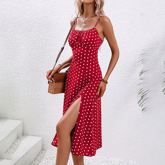 Women's Summer Casual Boho Sundress Polka Dot Sleeveless Spaghetti Strap Backless Side Slit Dresses - My Store