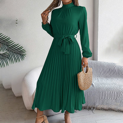 Elegant High Neck Long Sleeve Pleated Maxi Dress - Solid Color Flowy Dress For Women, Casual To Formal Wear - My Store