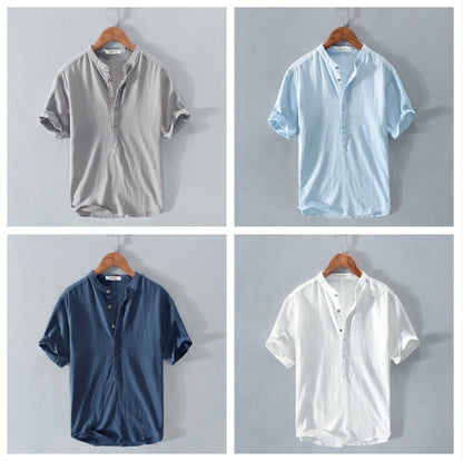 Men's Stand Collar Japanese Ice Silk Linen Short Sleeve T-shirt - My Store