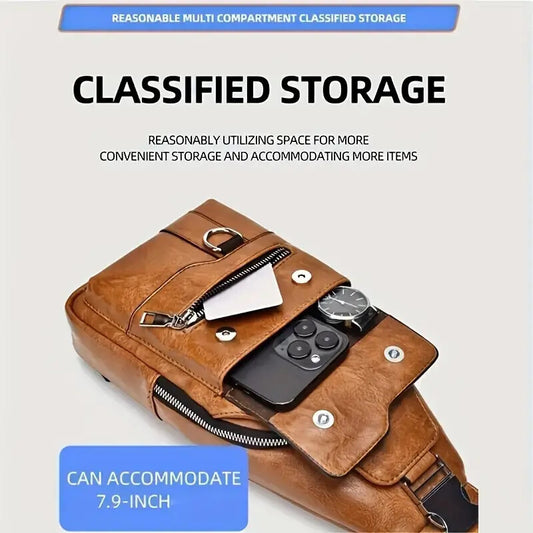 Premium PU Leather Vintage-Style Chest Bag - Spacious Multi-Compartment Crossbody Bag With Waterproof Design, Large Capacity, And Stylish Casual Look For Men - My Store