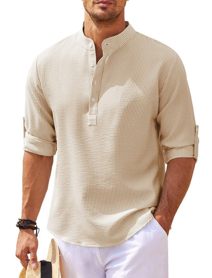 Men's Casual Shirt Long Sleeve Stand Collar Solid Color Shirt Mens Clothing - My Store