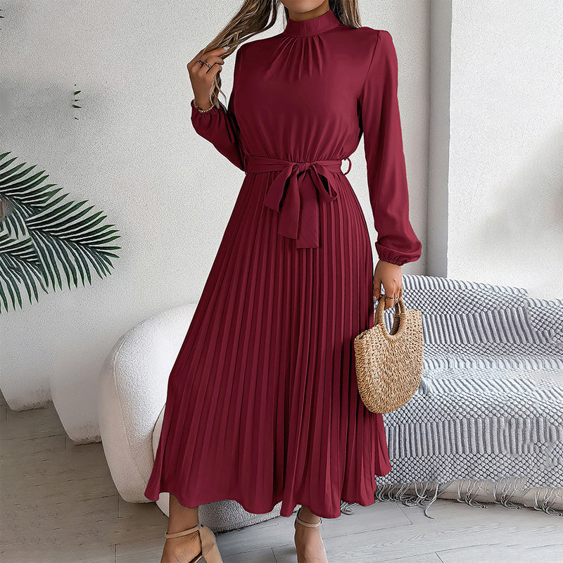 Elegant High Neck Long Sleeve Pleated Maxi Dress - Solid Color Flowy Dress For Women, Casual To Formal Wear - My Store