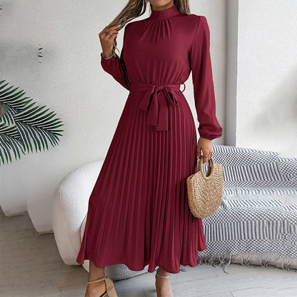 Elegant High Neck Long Sleeve Pleated Maxi Dress - Solid Color Flowy Dress For Women, Casual To Formal Wear - My Store