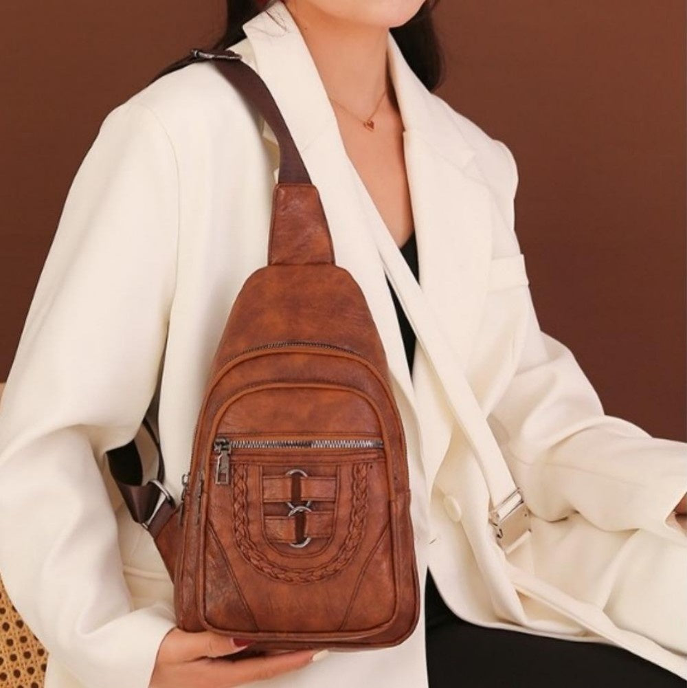 Sling Bag For Women, Multi Pockets CrossBody Bags, Purses Fanny Packs, Vegan Retro Leather Braiding Sling Backpack For Travel - My Store