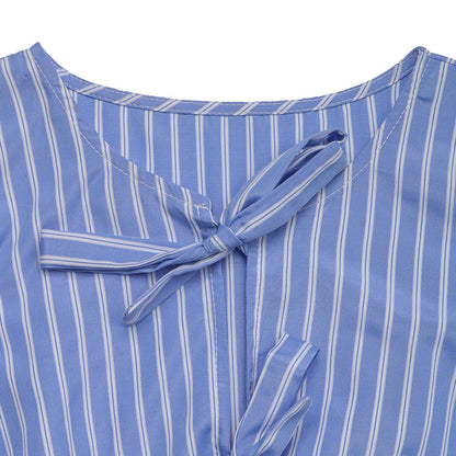 Women's Striped Tie Front Puff Sleeve Summer Casual Mini Dresses Loose Flowy Sundress - My Store