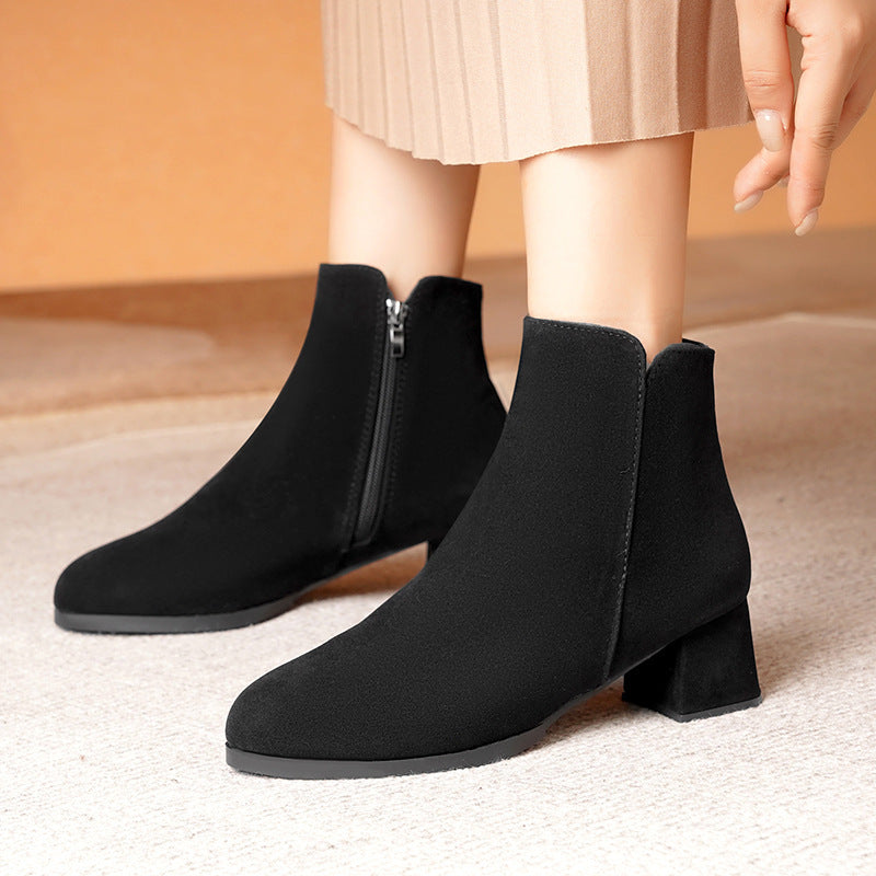 Pointed-toe Frosted Suede Side Zipper Chunky Heel Mid Heel Plus Size Female Boots - My Store