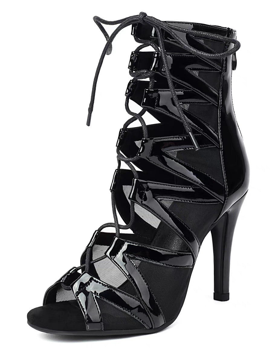 Jazz High Heels Belt Buckle Hollow Mesh Peep Toe Booties - My Store
