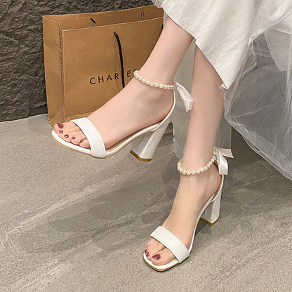 Summer New Pearl Bow Buckle Open Toe Chunky Heel All-match Sandals - My Store