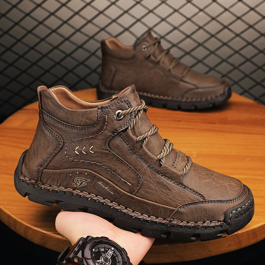 Fleece-lined Warm Mid-top Cotton-padded Shoes Soft Bottom Stitching Non-slip Men's Outdoor Leisure Shoes - My Store