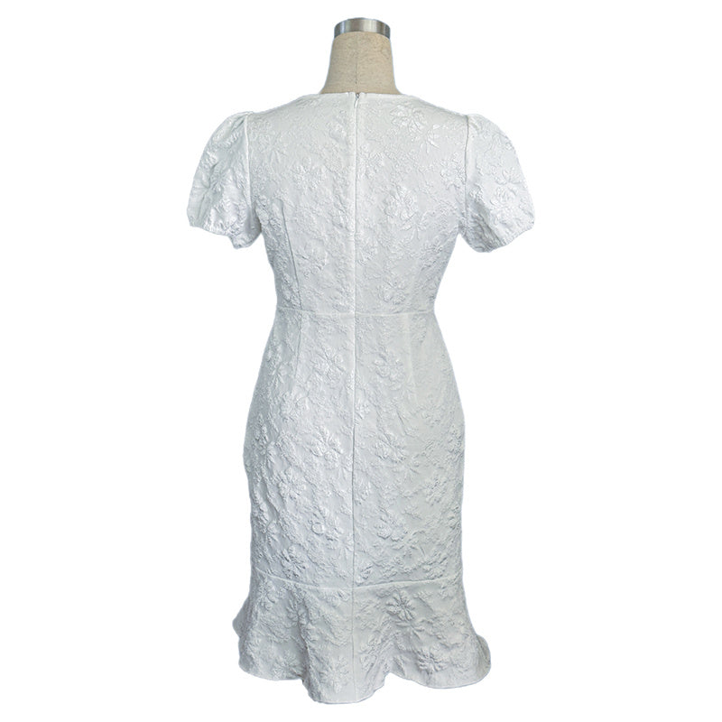 Women's Floral Jacquard Dress Women's Short Puff Sleeve Crew Neck Ruffle Hem Bodycon Dresses - My Store