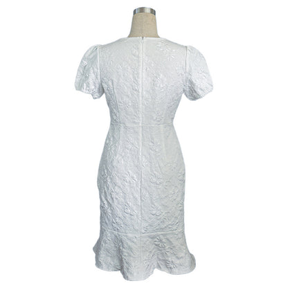 Women's Floral Jacquard Dress Women's Short Puff Sleeve Crew Neck Ruffle Hem Bodycon Dresses - My Store