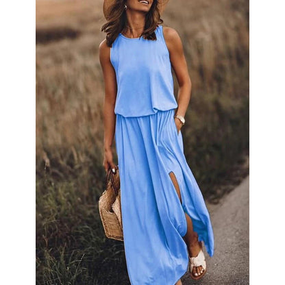 Women's Maxi Dress Summer Sleeveless Crewneck Sundress Casual Loose Long Dresses With Pockets - My Store