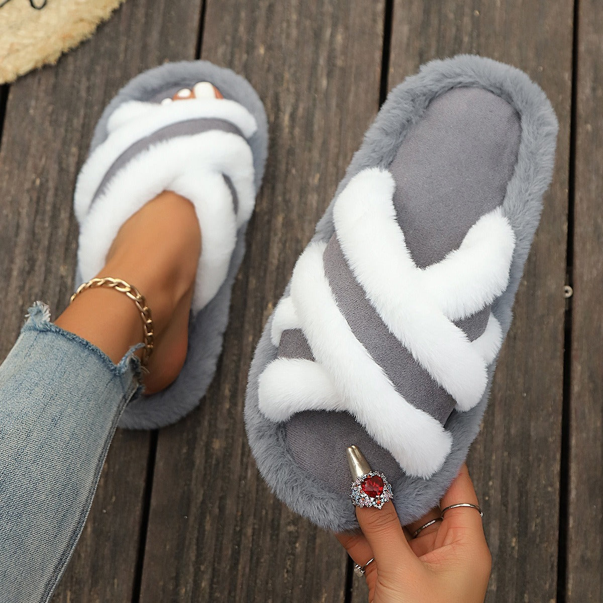 Fluffy Slippers Cross Strap Stitching Warm Casual Platform Slippers - My Store