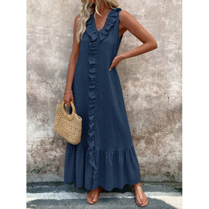 Women's Elegant Casual Summer Dress - V-Neck Sleeveless Ruffled Vacation Long Dress With Pleated Hem - My Store