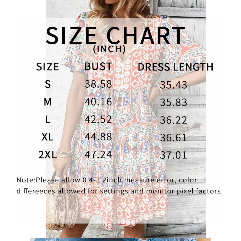 Women Casual Summer Dress Boho Drawstring V Neck Short Sleeve Floral Print Flowy Beach Dress - My Store