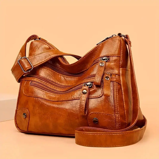 Women Shoulder Bag Large Capacity Washed Leather Messenger Bags Multi Zipper - My Store
