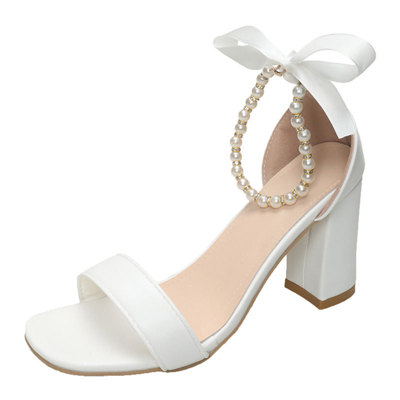 Summer New Pearl Bow Buckle Open Toe Chunky Heel All-match Sandals - My Store